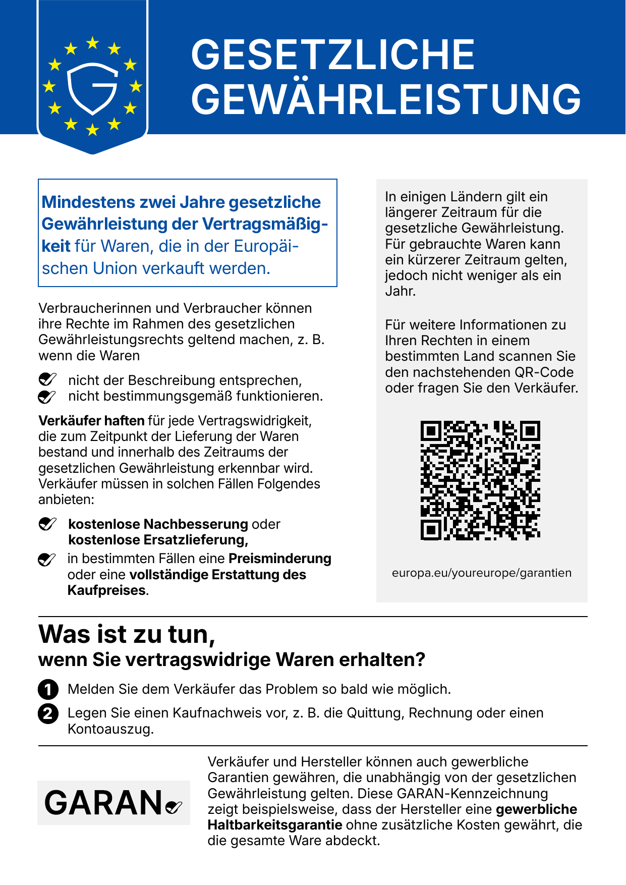 Gesetzliche Gewährleistung – mindestens zwei Jahre gesetzliche Gewährleistung für Waren in der EU (harmonisierter EU-Hinweis)